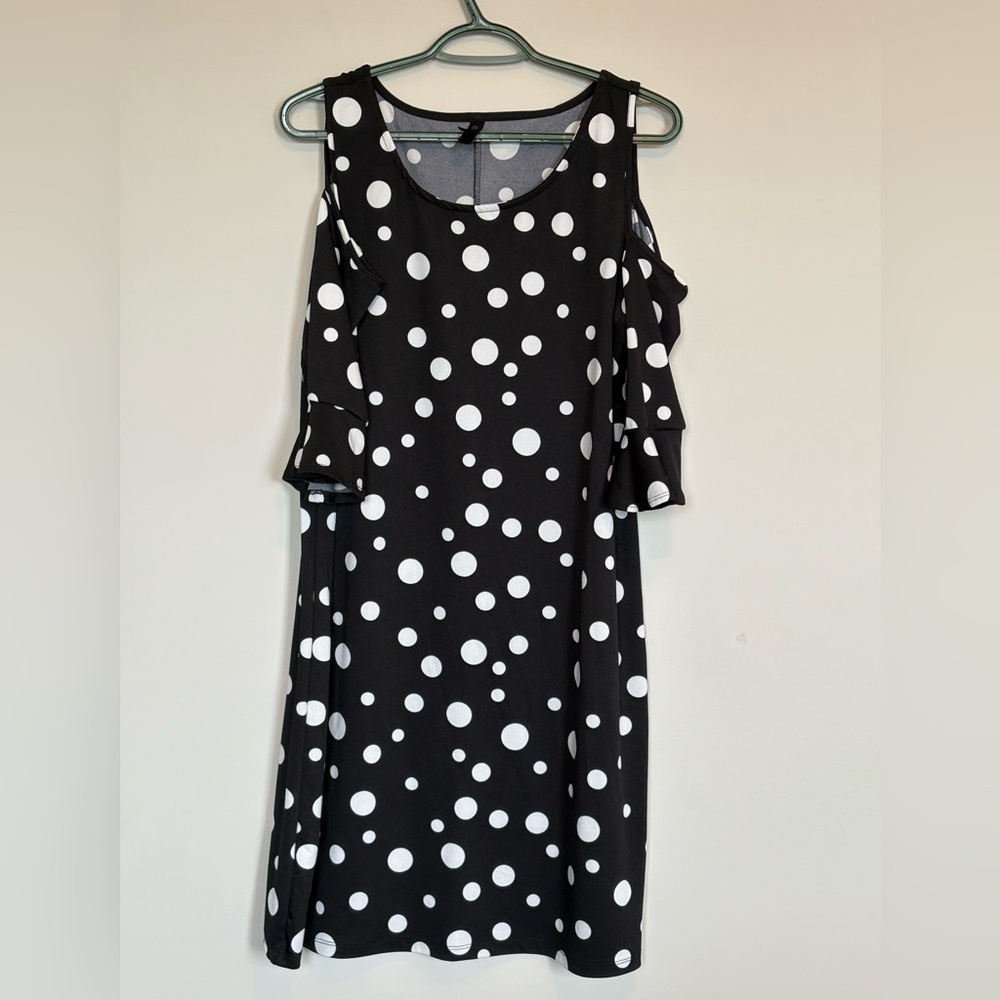 Oki black with white polka dot cold shoulder dress. Ladies size L
